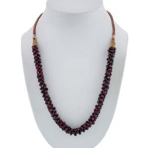 Red Garnet Golden Threaded Interwoven Rope Cluster Bead Necklace 28"